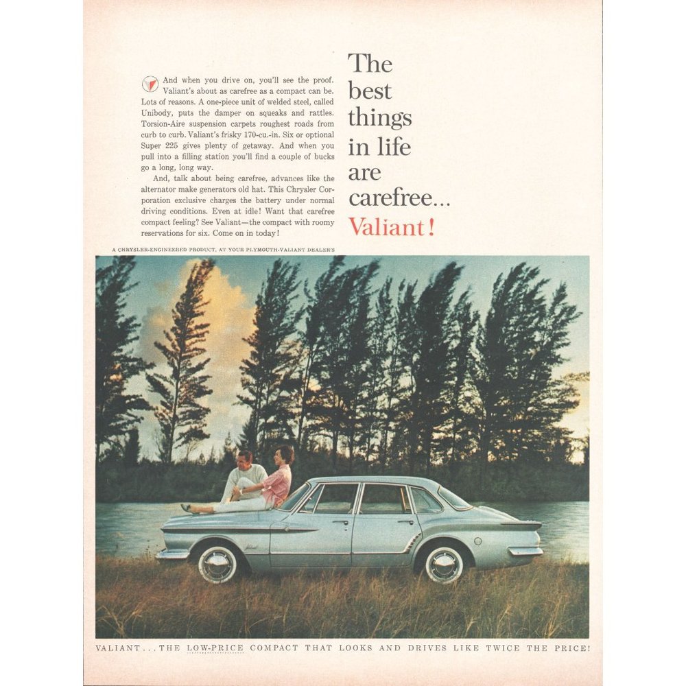 1961 Chrysler Valiant Sedan Vintage Print Ad Outdoor Lake Trees Sunset Wall Art